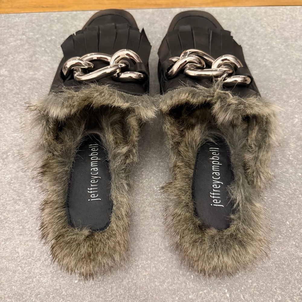 Jeffrey Campbell Leather Faux Fur Mule Slide Loafers Chunky Buckle Size 6 - Picture 9 of 12